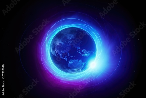 Glowing blue planet in space with swirling neon ring and bright flare on dark background