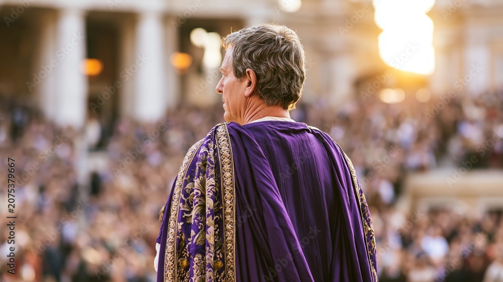 Naklejka premium Emperor wearing rich purple clothing, standing before a large audience, representing power, leadership, and ancient Roman history