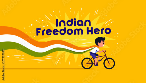 Indian freedom hero riding bicycle with tricolor flag in independence day