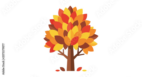 Stylized autumn tree with colorful leaves on a white background.