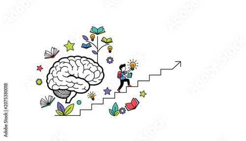 A young student climbing a stairway of books towards a large brain, symbolizing academic achievement, intelligence, and cognitive growth.
