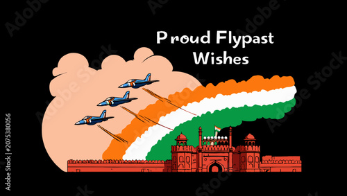 Proud flypast wishes on india republic day with tricolor and red fort