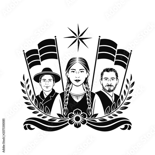 Black and white emblem or coat of arms with a central female figure in traditional folk costume flanked by a man and a boy under a star and flags, linocut or woodcut style illustration