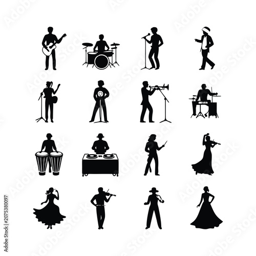 Set of music performance silhouettes of musicians and singers