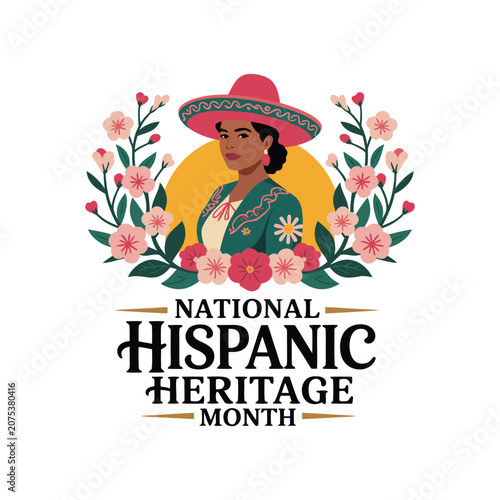 National Hispanic Heritage Month illustration with traditional Mexican woman, floral wreath, and typography