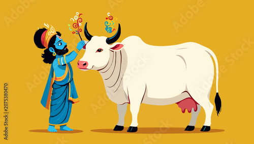 Hindu god krishna with a holy cow during a traditional indian festival