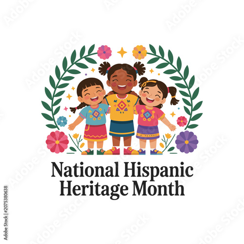 Happy children celebrating National Hispanic Heritage Month with traditional clothing, floral wreath, and festive elements