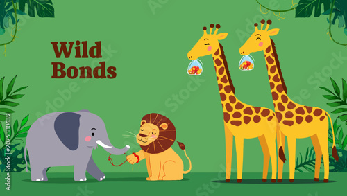Cute elephant, lion, and giraffe celebrate wild bonds in the jungle
