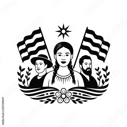 Black and white linocut style illustration of three diverse people flanked by wavy flags and floral elements