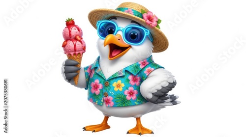 Seagull character in floral shirt holding ice cream.