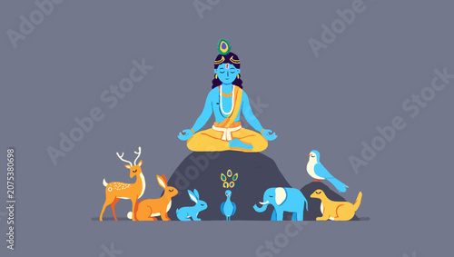 Lord krishna meditating with animals in nature, a spiritual and peaceful scene