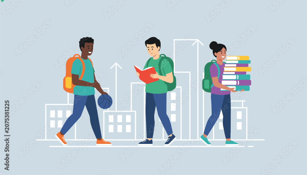 Fototapeta premium Students with backpacks walking and reading books in a modern urban school setting during a busy academic day outside building.