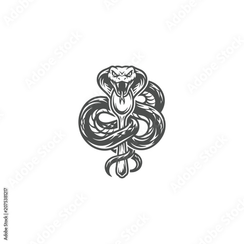 Venomous Cobra Wrapped Around Spoon Monochrome Vintage Vector Logo Illustration