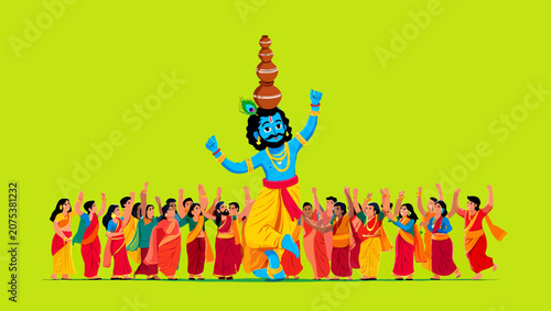 Lord krishna breaking dahi handi pot with his team during janmashtami festival