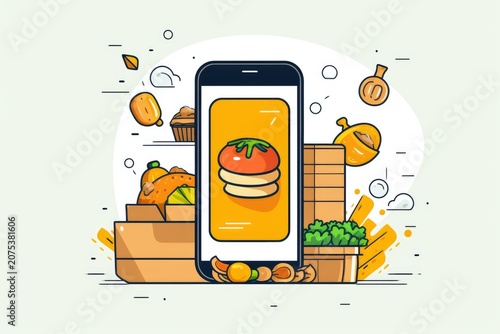 Illustration of a smartphone showing a burger icon, surrounded by grocery boxes with bread, vegetables, and snacks, representing food delivery service