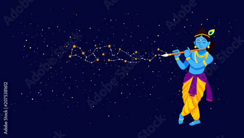 Lord krishna playing the flute under a starry night sky illustration