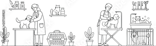 Set of line art illustrations depicting veterinary clinic checkup and professional pet grooming salon services vector collection.