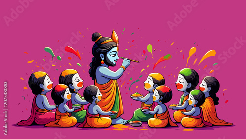 Lord krishna playing holi with children, a colorful hindu festival