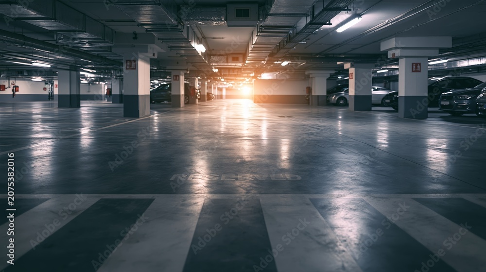 Fototapeta premium Empty underground parking garage with reserved parking space and bright light at distant end