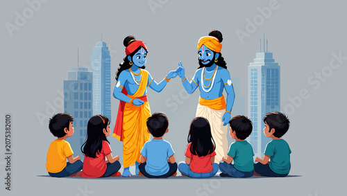 Lord krishna teaching children about spirituality and mythology in city