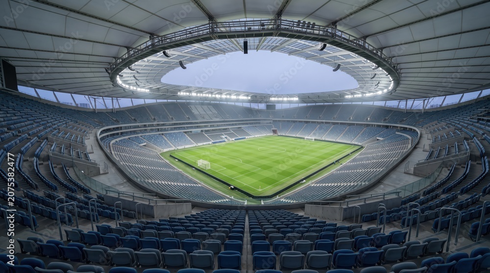 Fototapeta premium Symmetrical view of an empty football stadium beneath a white canopy roof