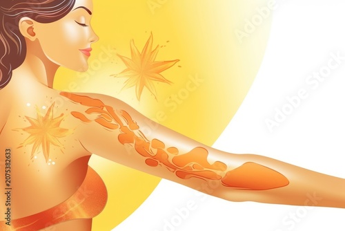 Illustration of a woman applying sunscreen to her arm with sun rays and leaf shapes on a warm yellow background
