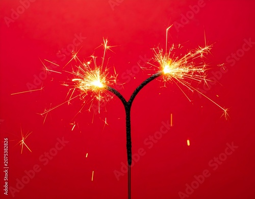 A close-up of two lit sparklers against a vibrant red background