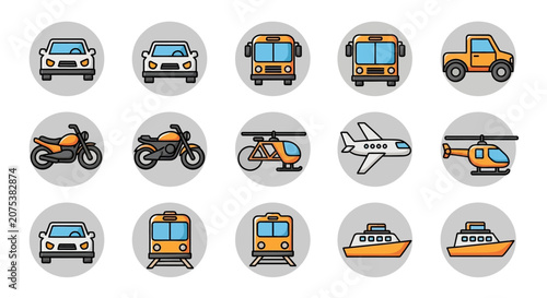 Collection Of Various Transportation Vehicles Vector Icons.