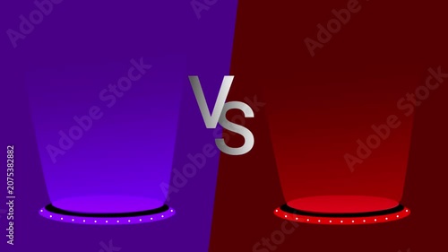 Split screen background featuring purple and red circular stages with an animated metallic VS text.