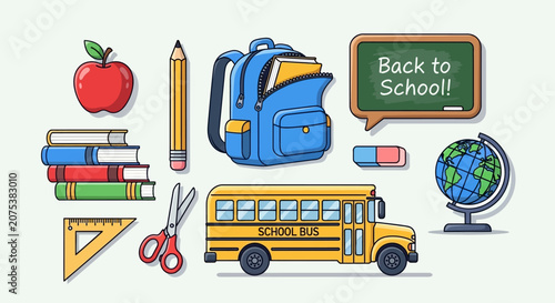 Colorful Back To School Supplies And Bus Illustration.