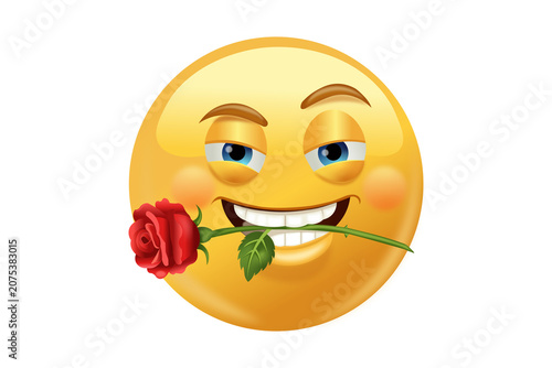 Foto Smiley face emoji holding a red rose in its mouth with flirting affection romant