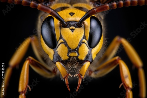 Macro close-up of a yellow and black wasp face with antenna and compound eye against a dark background