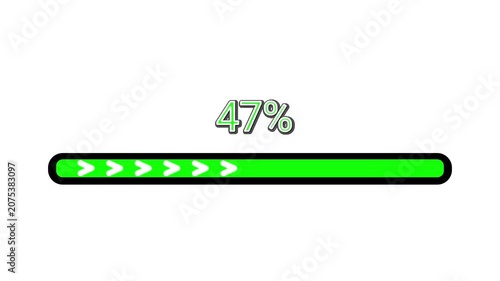 Green progress bar loading from zero to one hundred percent with chevron arrows on a white background.