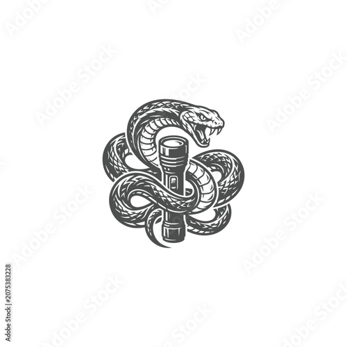 Venomous Snake Wrapped Around Flashlight Monochrome Vintage Vector Logo Illustration