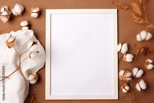 Blank white frame mockup on brown background with cotton branch and soft fabric drape, minimal flat lay composition