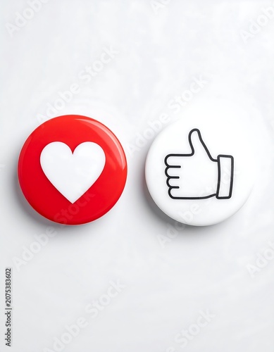 A close-up of two social media icons, one with a heart and the other with a thumbs up, on a white background