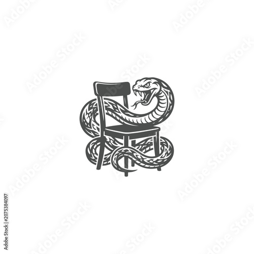 Snake Coiled Around Wooden Chair Vintage Monochrome Mascot Logo Vector Illustration