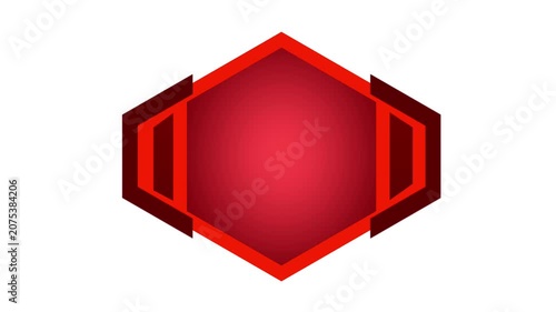 Abstract red gaming border frame in the shape of a hexagon unfolding and expanding over an isolated white background.