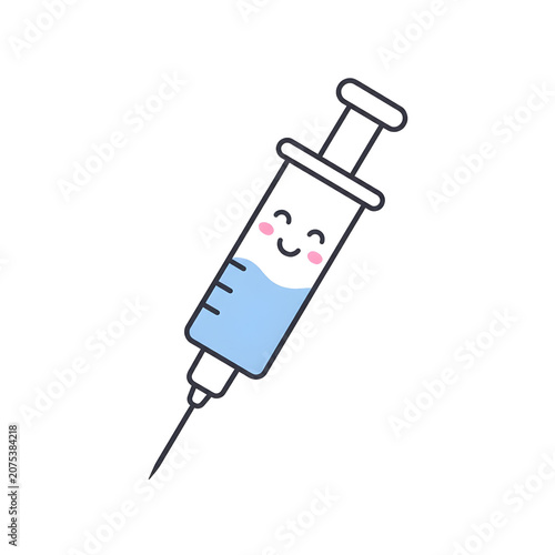 Smiling cartoon syringe with blue liquid.