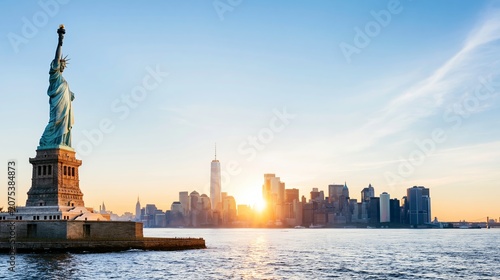 Statue of Liberty embodying freedom before the iconic New York City skyline, golden hour light illuminating the cityscape