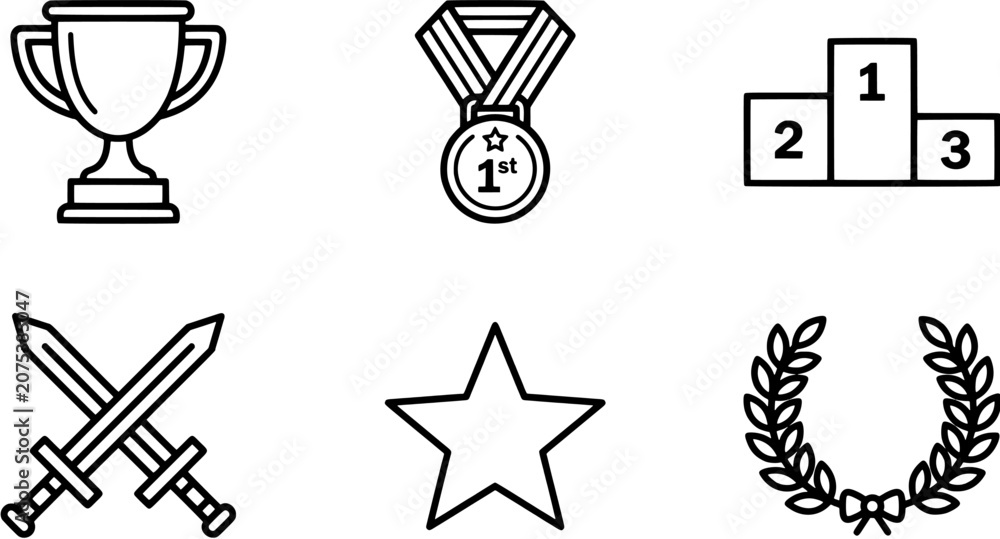 Fototapeta premium Award and victory icon set. Trophy cup, medal, podium, swords, star, and laurel wreath collection in line art style. Editable vector illustration on white background.