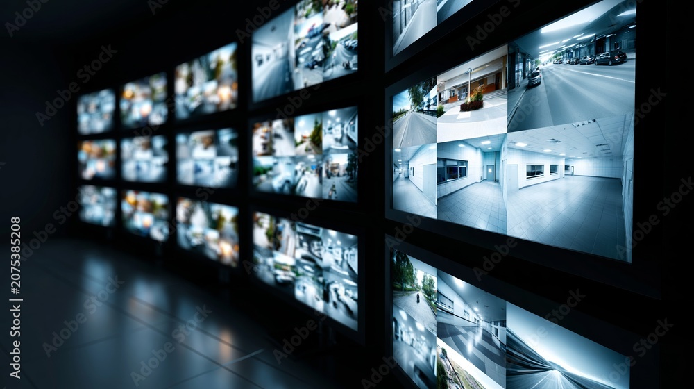 Obraz premium Wall of screens showing real time camera views, representing security, digital technology, control, and privacy concerns
