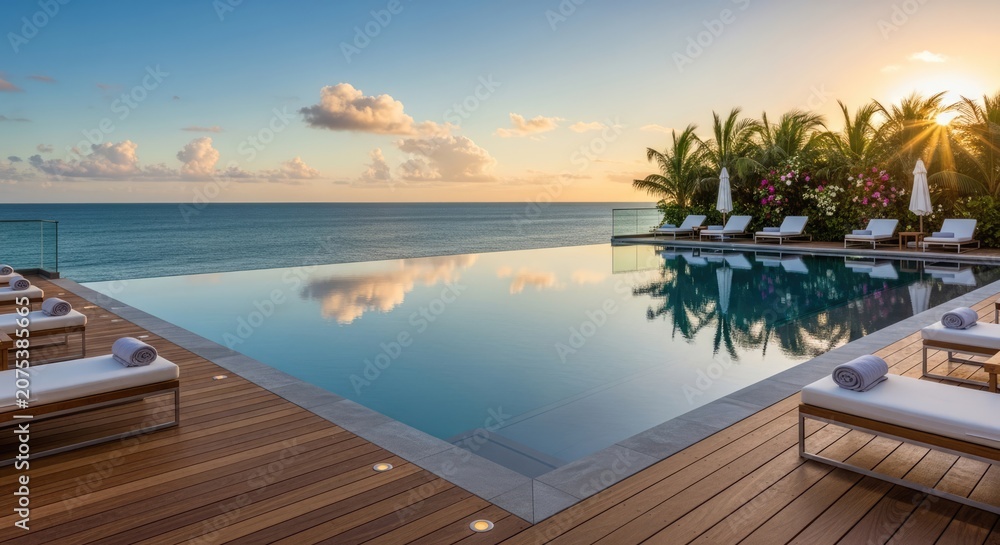 Fototapeta premium Luxury infinity pool overlooking ocean at sunset with palm trees