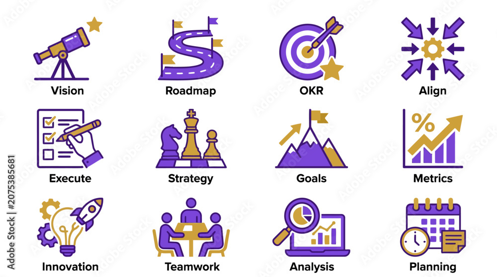 Fototapeta premium Business Strategy Icons: Vision, Roadmap, OKR, Align, Execute, Strategy, Goals, Metrics, Innovation, Teamwork, Analysis, Planning