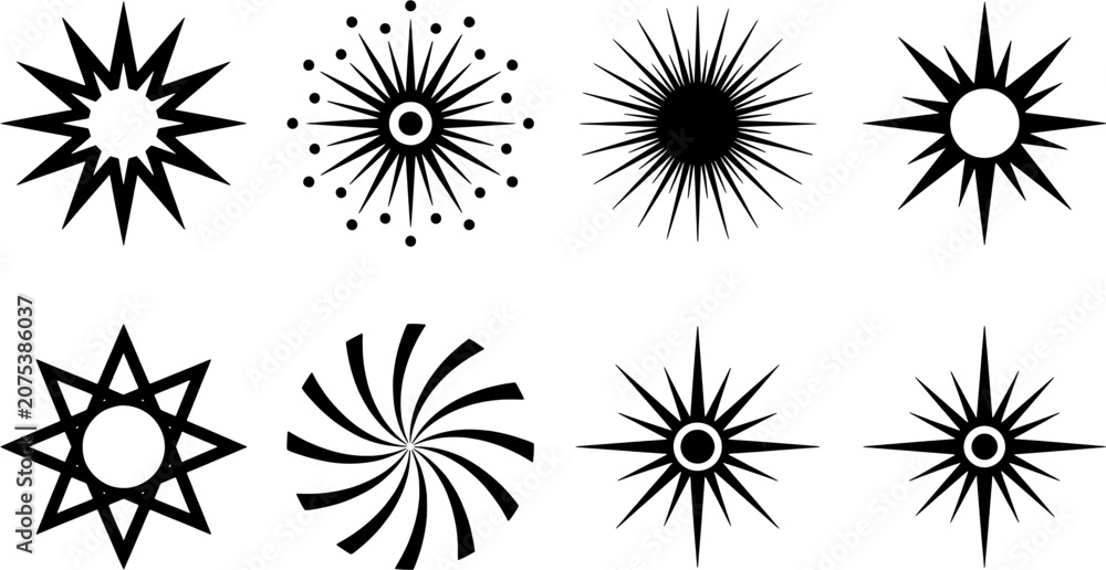 Obraz premium Star burst icon set. Black sunburst and sparkle shape collection in flat style. Isolated on white background, fully scalable vector illustration.
