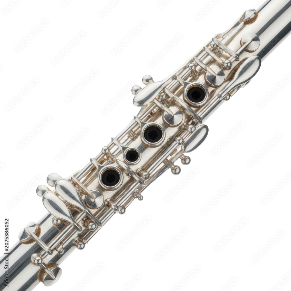 Obraz premium Polished silver clarinet with intricate mechanical keywork positioned diagonally against a transparent studio backdrop, concept of sophisticated musical elegance