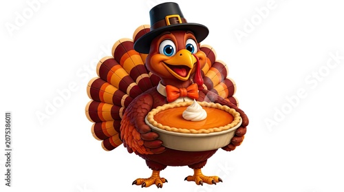 Turkey pilgrim holding delicious baked pumpkin pie.