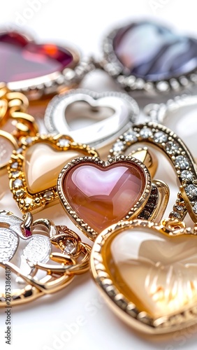 A close-up of various heart-shaped jewelry pieces with different colors and designs