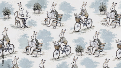 Vintage pattern with cute rabbits dressed in jackets riding bicycles, reading newspapers on benches and drinking coffee at a cafe table.