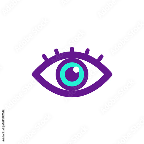 Stylized eye icon with bold purple outline and turquoise pupil- concept for vision and insight Isolated on white background